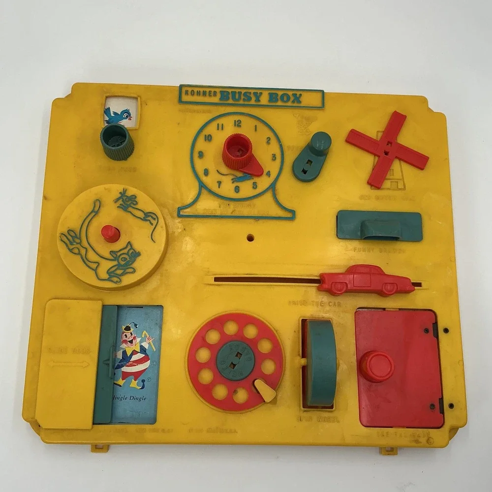Vintage Kohner Busy Box No 505 Yellow Plastic Activity Center Baby Toy 1960s USA